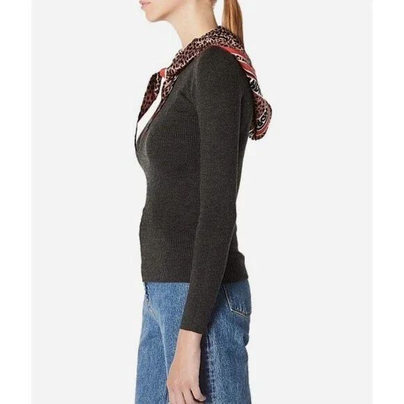Sandro PARIS Women’s Size 2WOOL Blend Gray Bonte Sweater SILK Scarf Hoodie